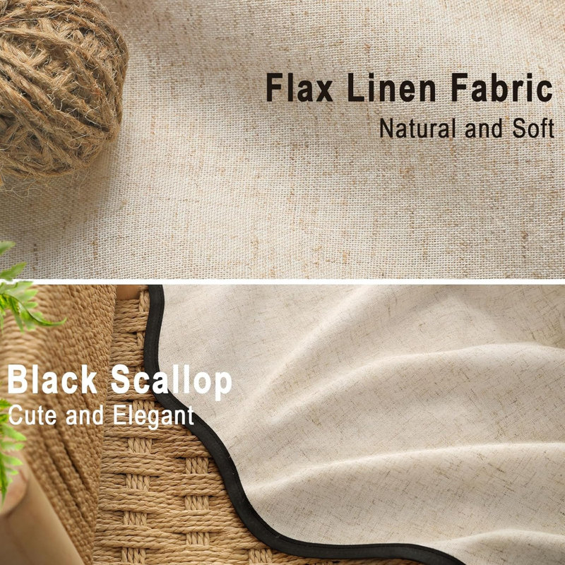 Linen Shower Curtain Beige Cute Black Scalloped Boho Modern Shower Curtains 72" W X 72" L