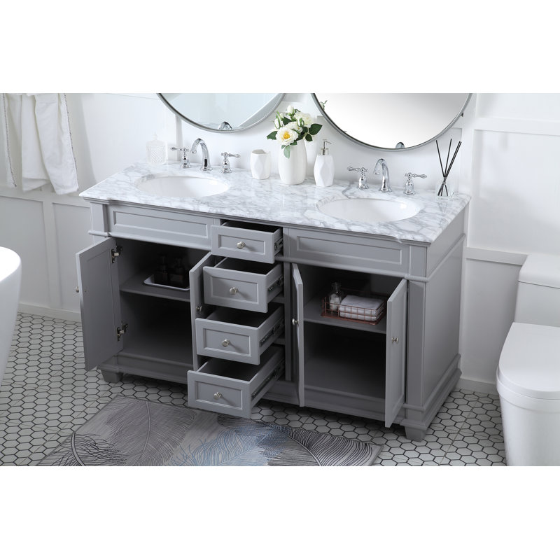 Ensemble de meuble-lavabo double 60 po Lydie, Gris, Cararra blanc