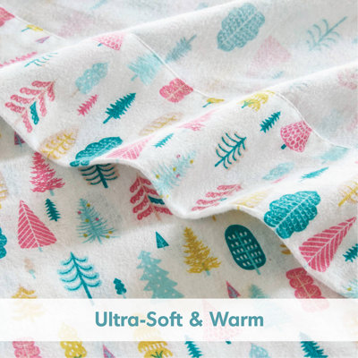 3 PCS Cotton Flannel Printed Sheet Set White Holiday Trees
