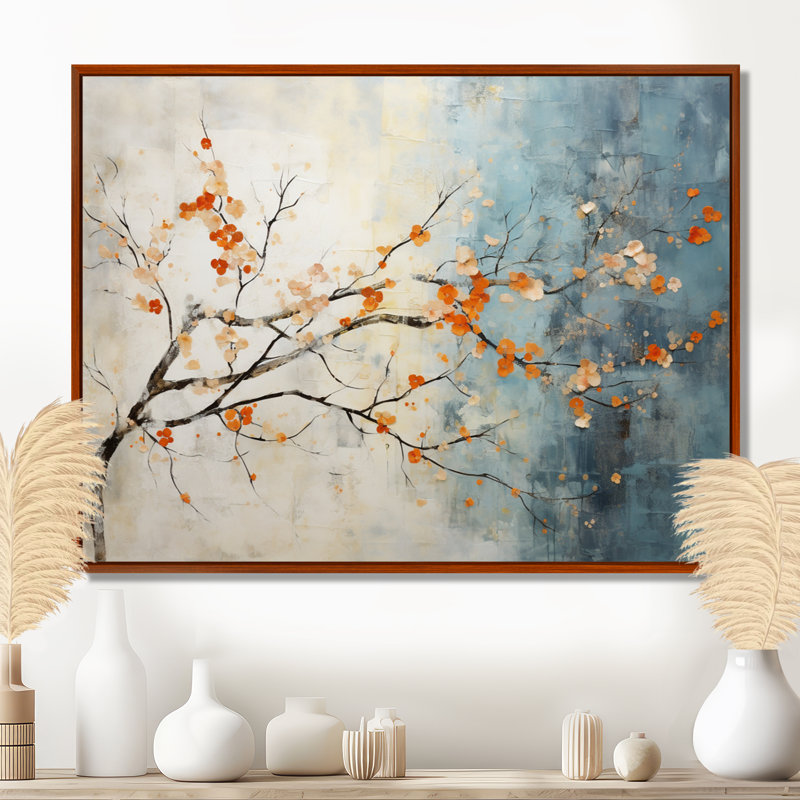 Orange, bleu sarcelle, érable, incandescent V - art mural érable, H 12 po x l 20 po x P 1 po, Brown Floater Framed