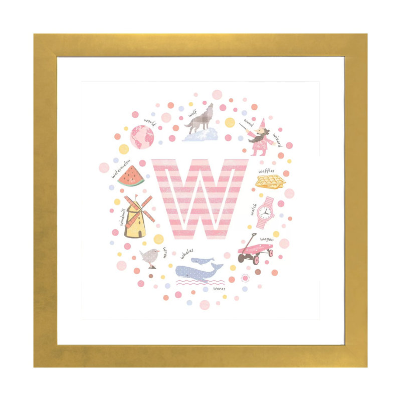Lettre W - impression d'art graphique, H 16 po x l 16 po x p 1 po, Papier encadré doré, Blanc