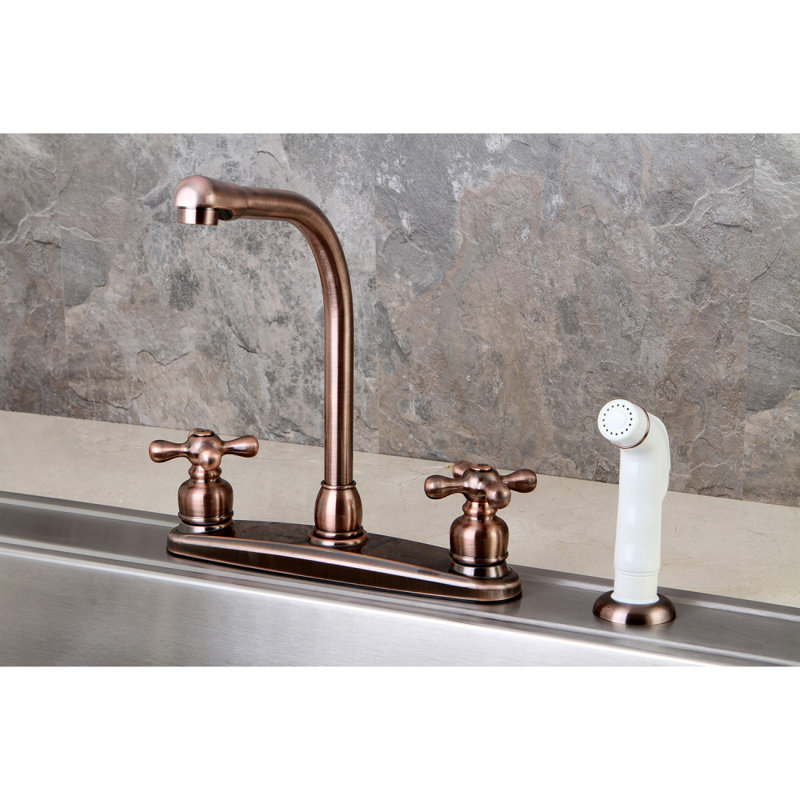 Kingston Brass Victorian Two-Handle 4-Hole 8" Centerset Kitchen Faucet with Side Sprayer, Antique Copper