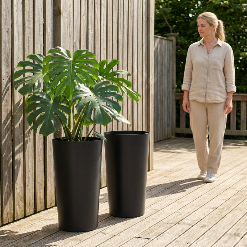  Ensemble de 2 pots de fleurs de 21,7 pouces de hauteur, pots à fleurs noir mat moderne, grands pots de fleurs en PP pour plantes d'intérieur et d'extérieur