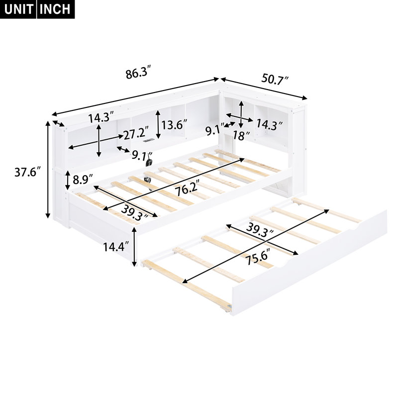 Lit de jour en bois avec couchette, armoires de rangement et ports USB, Blanc