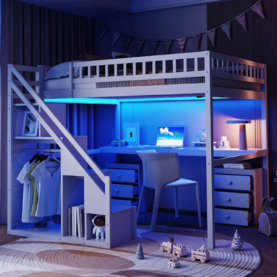 Wooden Loft Bed With Drawers, Desk And Light Strip For Teens Adults