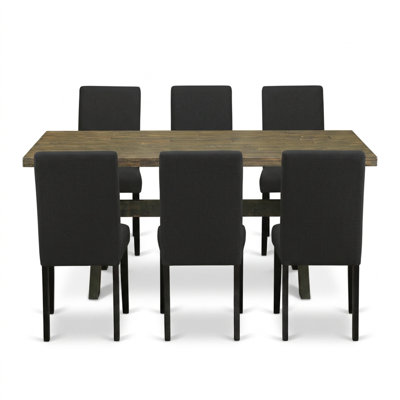 Ensemble de salle à manger 7 pièces comprenant une table rectangulaire en bois asiatique noir brossé vieilli de style jacobéen, 6 chaises à dossier haut en lin noir et tissu, style moderne du milieu du siècle.