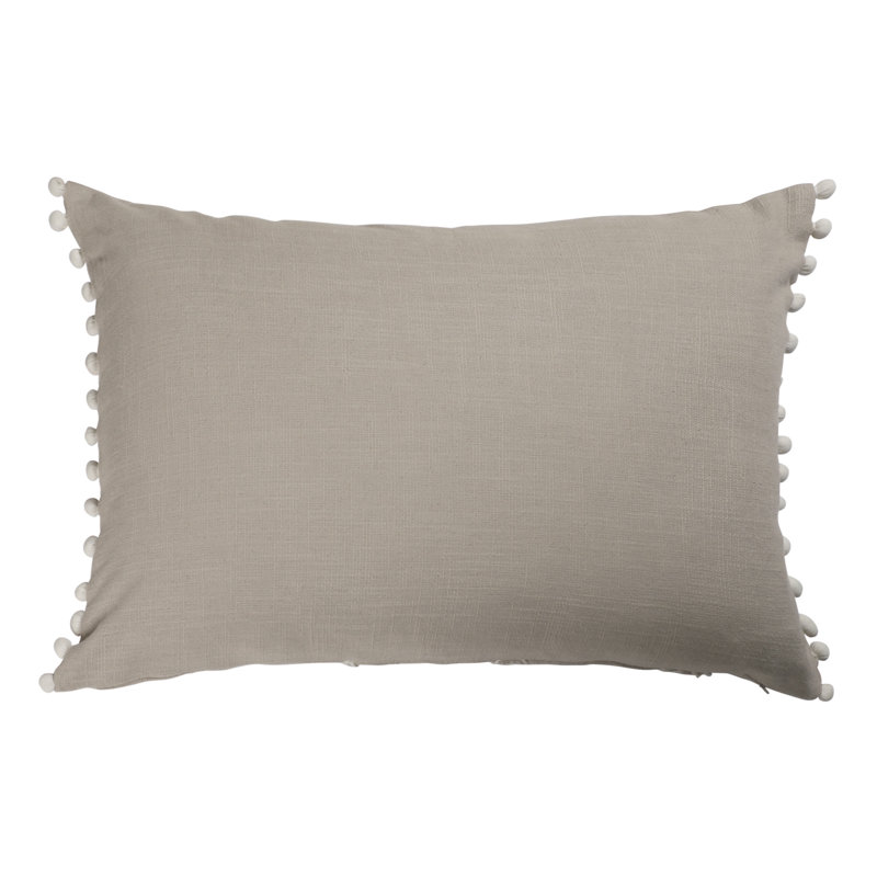 Coussin à fermeture à glissière en coton beige et ivoire avec broderies et pompons 16 po x 24 po