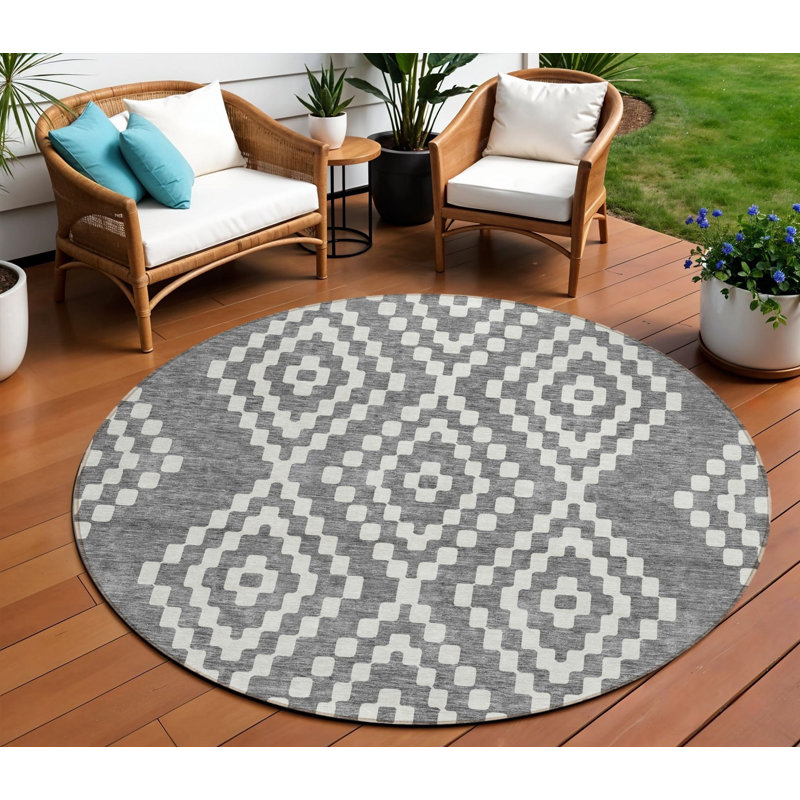 Tapis d'intérieur rond lavable à motif géométrique 8 pi gris et ivoire