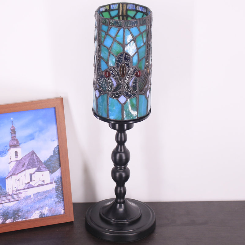 Small Tiffany Table Lamp Stained Glass Candlestick Style Table Light Green Liasion Style  4X15Inch
