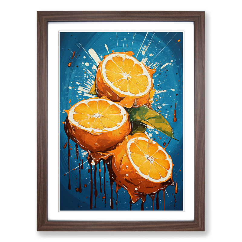 Orange Fruit Pop - Single Picture Frame Print on Wood, 34cm H x 25cm W x 2cm D, Walnut Framed