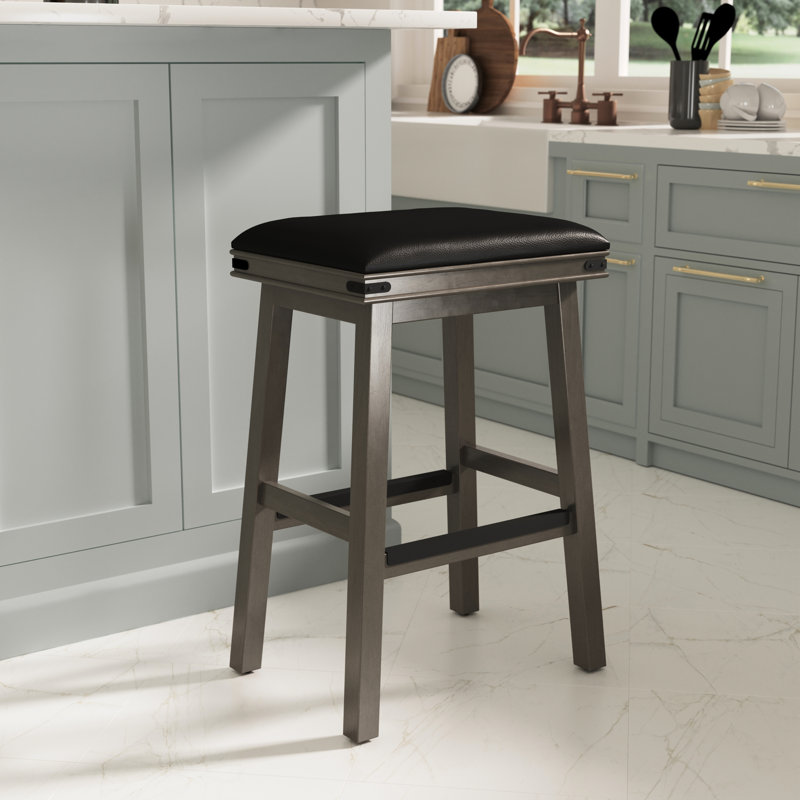 Élégant et durable tabouret de bar gris vieilli de 30 po avec siège en cuir noir confortable
