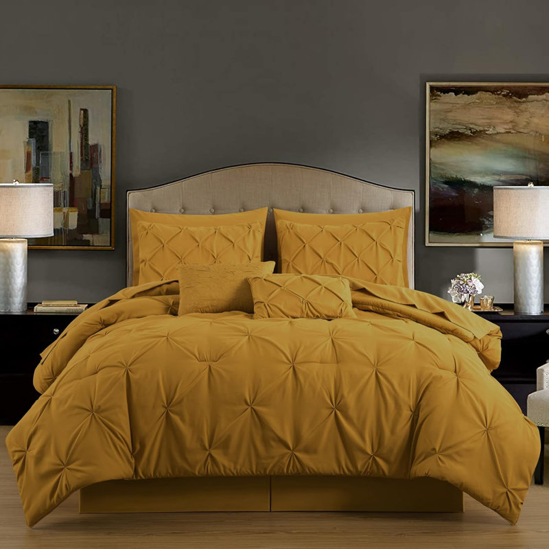 10-Piece Pintuck Bed in a Bag Comforter Set with Sheets and Decorative Pillows, Mustard Yellow
