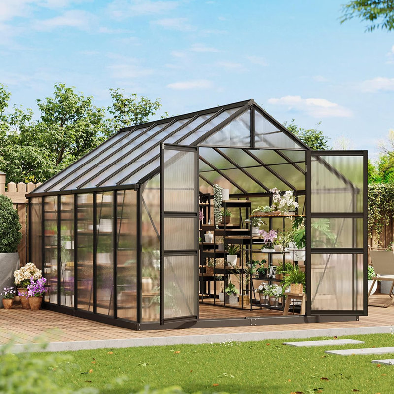 12x8 FT Polycarbonate Greenhouse Outdoor, Aluminum Walk-in Plant House with Roof Vent, Lockable Door & Ground Nails for Garden Backyard