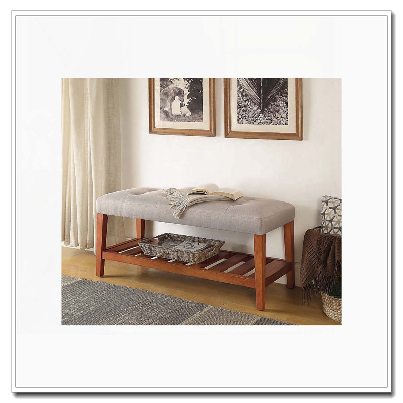 Banc touffeté avec tablette à lattes ouverte et pieds en chêne, Gris clair