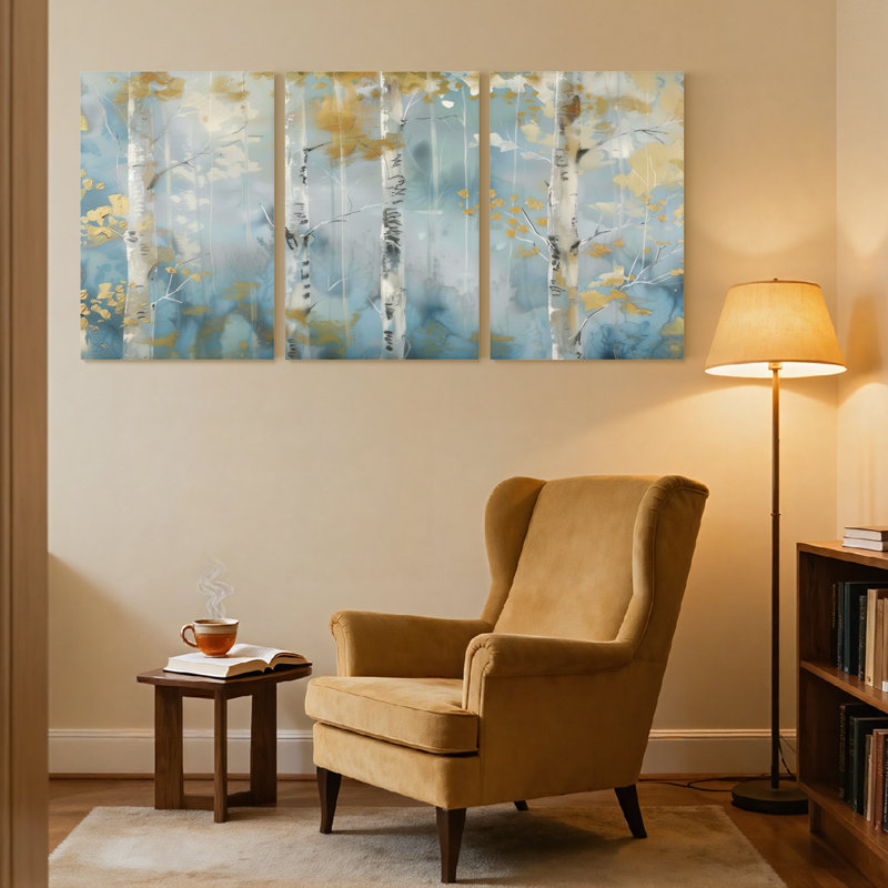 «Landscape & Nature Birch Trees Autumn Leaves Blue Sky», ensemble de 3 impressions sur toile, H 36 po x l 72 po