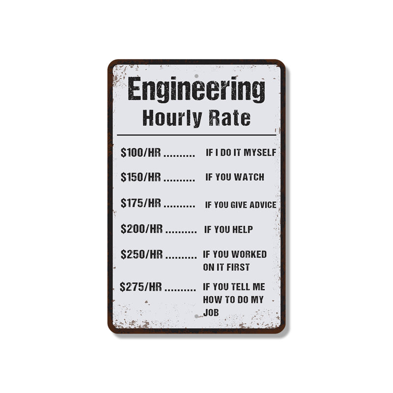 Enseigne d'ingénierie en plastique à taux horaire 10 po x 14 po, H 10 po x l 14 po x P 0,1 po