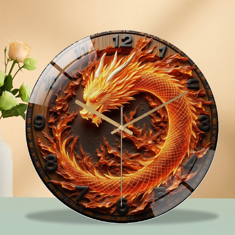 Horloge murale silencieuse en verre trempé de 30 cm, « Horloge murale Dragon de feu », œuvre d'art décorative unique. Fonctionne sans tic-tac, avec des piles AA (non incluses). Décoration artistique pour la maison.