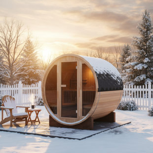 Smartmak® 3-4 Person Canadian Hemlock Wood Barrel Sauna Room | Traditional Wooden Steam Saunas with Canopy Indoor/Outdoor Use | 220V 6KW Heater, Rocks, Light Accessories Included | Relaxing Steam Spa Experience