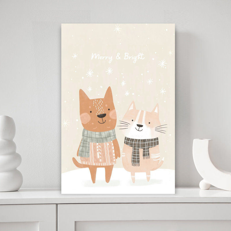Cozy Winter Animals Abstract Contemporary Cat Dog Winter Landscape Wall Art Print 1 Piece Wrapped Canvas Wall Art