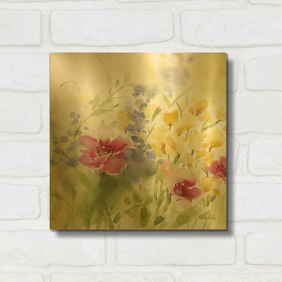 «Spring Meadow I» par Katrina Pete, art mural en métal doré, 12 po x 12 po