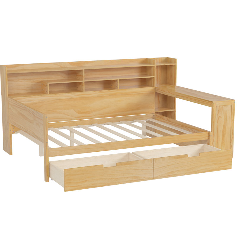 Natural Wood Full Size Daybed With Space Storage And Study Area Wooden Multi-Layer Built-In Desk For Mattresses, Natural