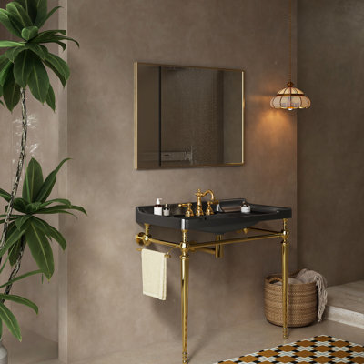 Lavabo de salle de bain, meuble-lavabo en céramique noir de 36 po avec 3 trous de robinet, pieds en acier inoxydable et support à serviettes, lavabo intégré, support de lavabo, robustesse fiable