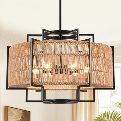 6-Light 22.4" Boho Coastal Rattan Chandelier, Farmhouse Wicker Pendant Light Fixture For Dining Room