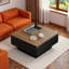 Table basse moderne carrée avec plateau relevable, rangement dissimulé et base flottante