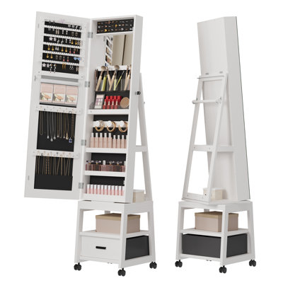 Armoire à bijoux, armoire à bijoux pivotante à 360 ° avec miroir pleine grandeur, organisateur de rangement de bijoux rotatif à 3 modes de couleur, armoire de maquillage sur pied verrouillable, idée cadeau, blanc