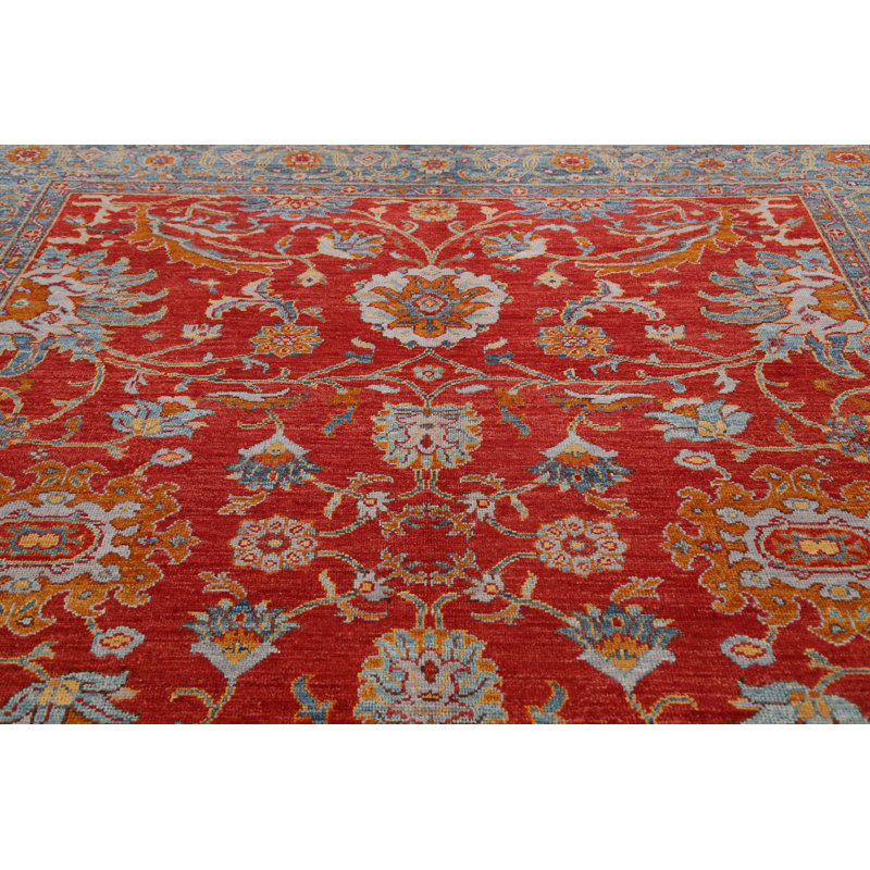 Tapis décoratif en laine de conception unique noué à la main New Age Oushak rouge/vert 8 pi 7 po x 10 pi 3 po New Age