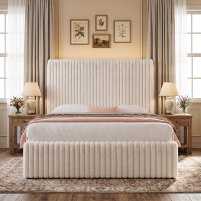 Queen Size Faux Fur Upholstered Platform Bed Frame with RGB LED Lights