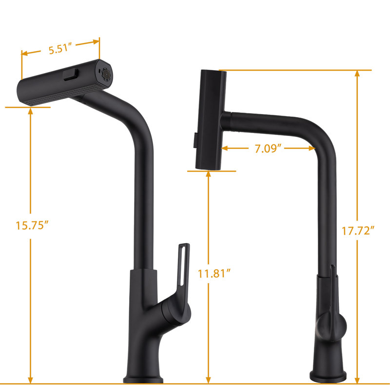 Robinet d'évier de cuisine noir mat à poignée simple avec tirette vers le bas, rotation sur 360 °, eau chaude et froide, trois fonctions de pulvérisation et contrôle