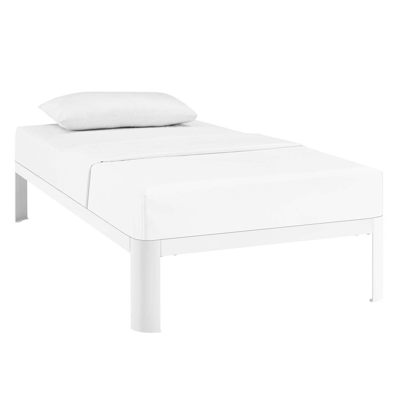 Sleek White Twin Metal Frame Bed with Wood Slats