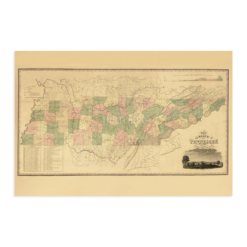 «Tennessee Map 1832», art mural sur papier, H 24 po x l 36 po x P 0,1 po