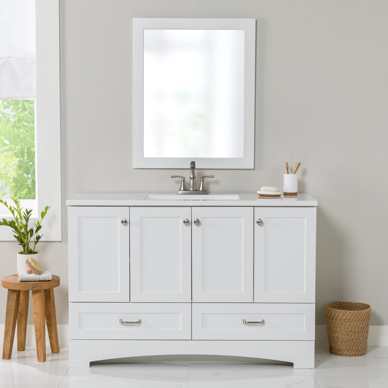 Emlyn 48" Single Bathroom Vanity with 3 Cabinets, 2 Drawers, and Cultured Marble Vanity Top, White