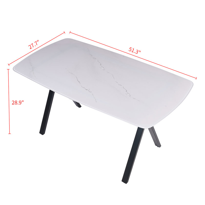 51.3''L X 27.7''W White Marble Pattern Dining Table with Tempered Glass Top & Metal Legs, Black Base