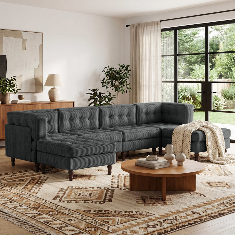 6 - Piece Upholstered Gray Tufted Corduroy Modular Sectional with Pillow Back and Two Removable Flip-Tray Top Storage Ottoman