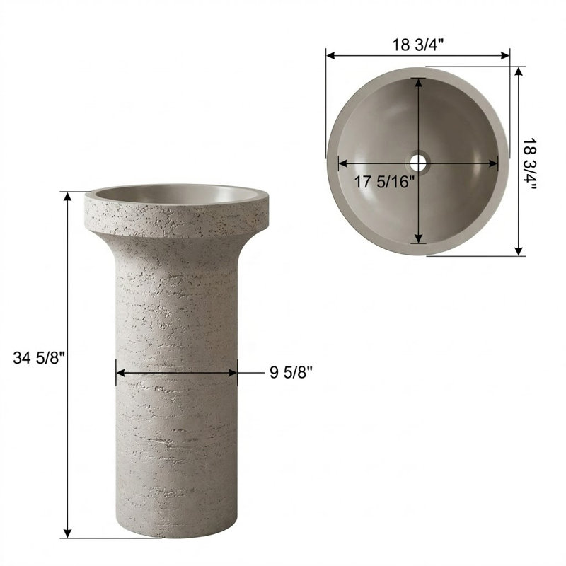 Lavabo de salle de bain autoportant rond 34 po en pierre d'ingénierie avec finition naturelle texturée
