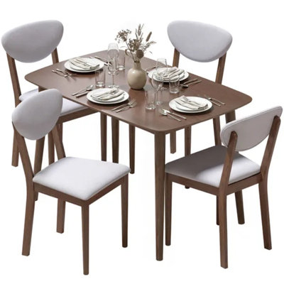 5-Piece Mid-Century Dining Table Set, Wood Kitchen Table with 4 Upholstered Light Grey Padded Chairs for 4-Person Family Dining