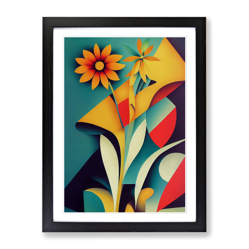 Wildflowers Cubism - Single Picture Frame Print, 34cm H x 25cm W x 2cm D, Walnut
