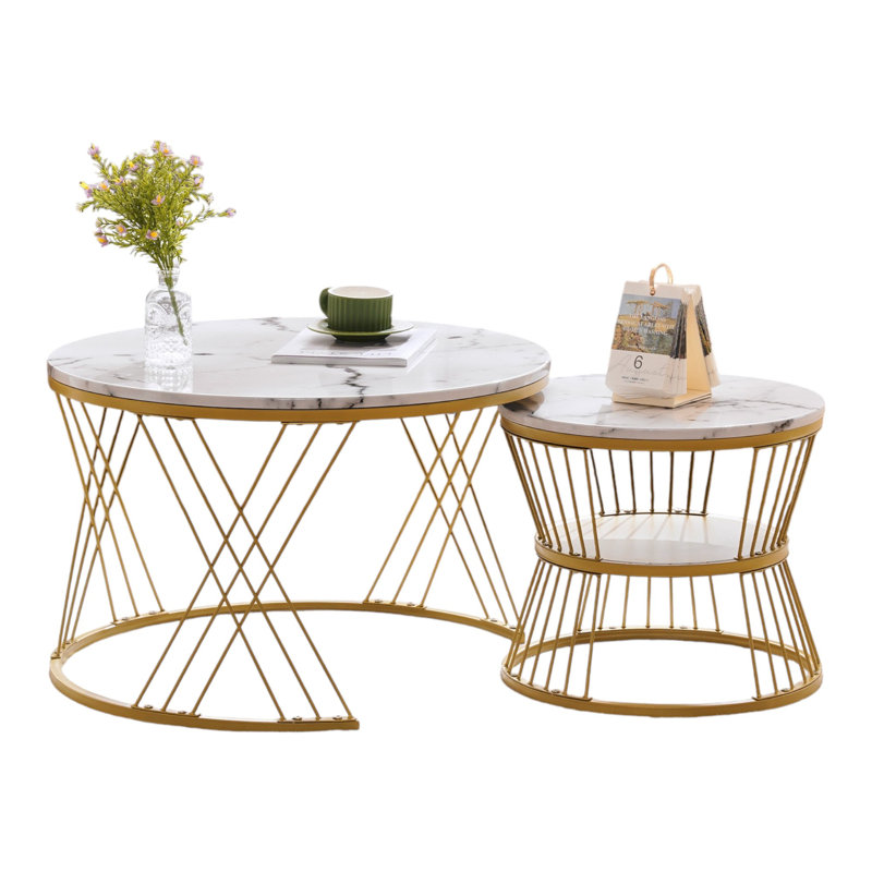 Amahya Frame Coffee Table with Storage, Gold, White Marble