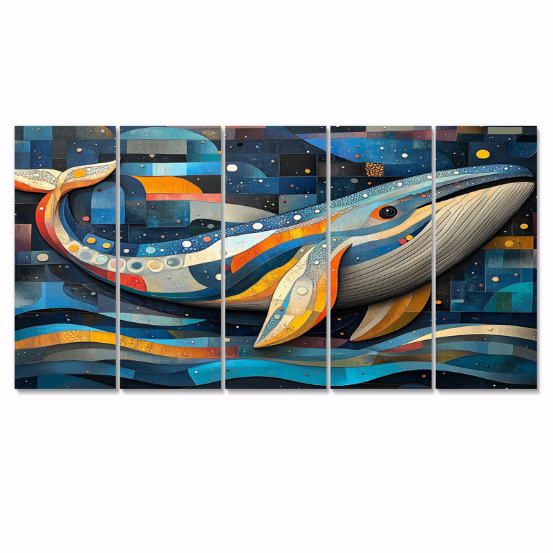 Baleine inuit dans des tons bleus et jaunes - ensemble d'art mural sur toile baleine, H 28 po x l 60 po