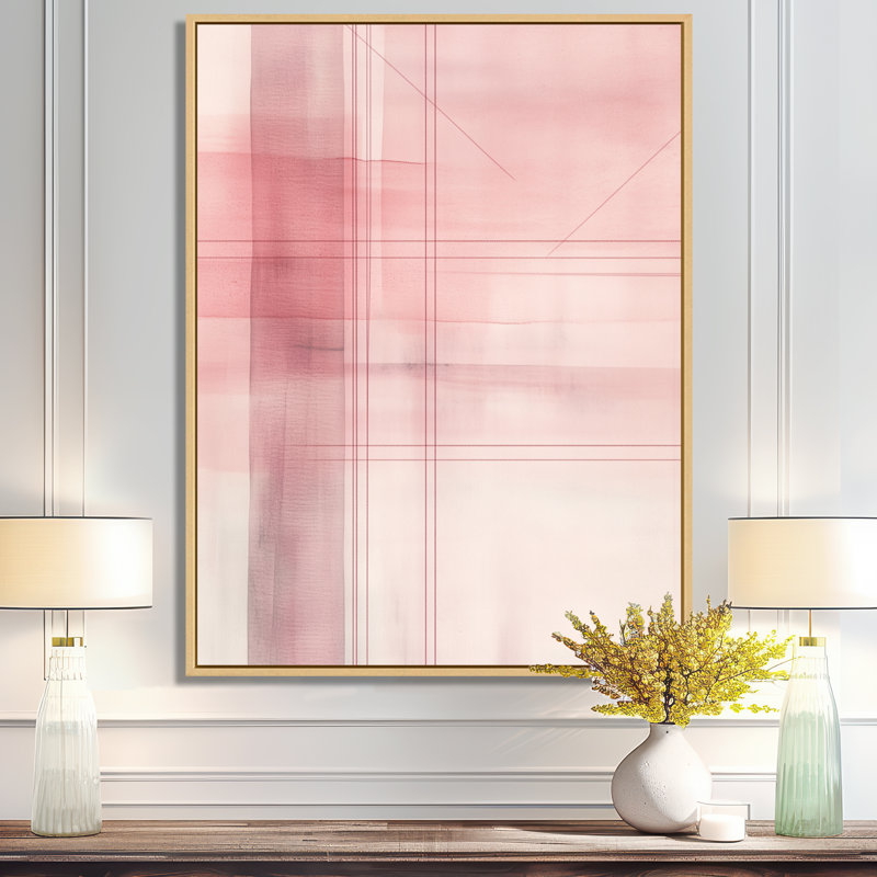 Art mural abstrait rosé, toile géométrique rose, Trepagnier, H 20 po x l 12 po, Cadre naturel flottant
