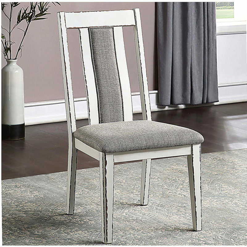 Ensemble de 2 chaises d'appoint classiques blanc vieilli / gris chaud, garniture de dossier unique, sièges en bois massif, sièges en tissu, mobilier de cuisine