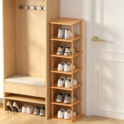 Bamboo Free Standing Shoe Rack, Multi-Tier Tall Wooden Stackable Organizer for Closet Front Door Entrance, Narrow Vertical Shoe Storage with Upgraded