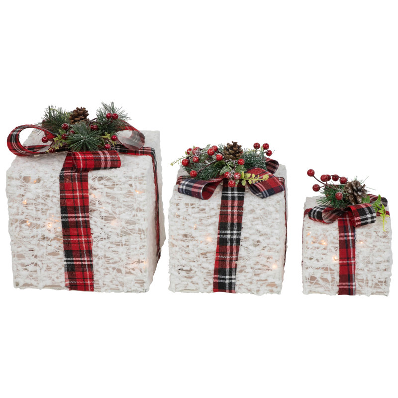 Set of 3 Lighted White and Red Plaid Christmas Gift Boxes