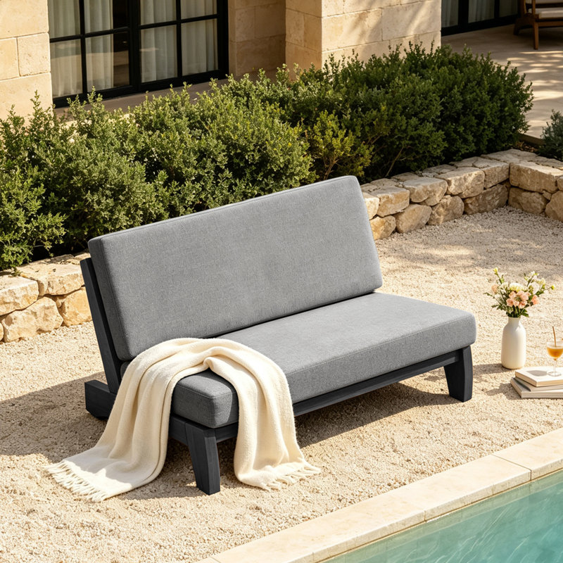 Chaise longue d'extérieur en bois de teck Polett, Gris, Noir