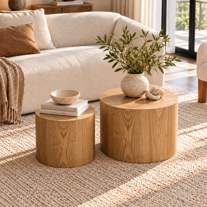 Ensemble de 2 tables basses gigognes en bois de ronce avec base cylindrique, finition naturelle, Bois naturel