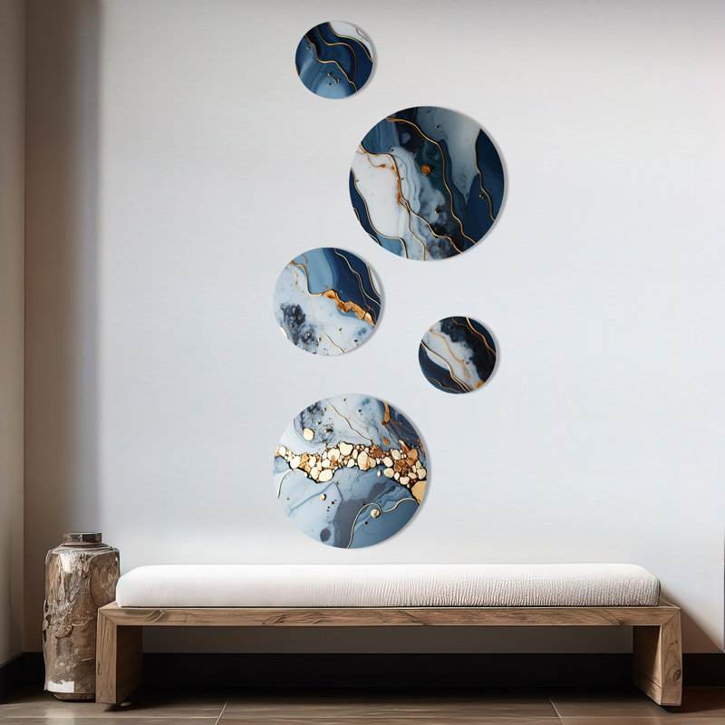 Bleu et or Marble River II - ensemble d'art mural rond en marbre de 5