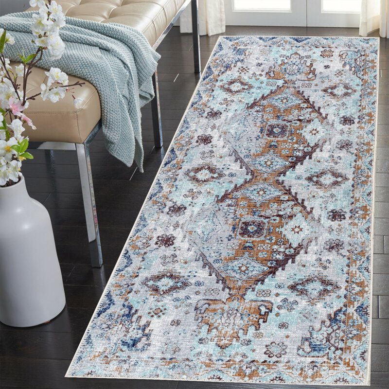 Adiva Blue and Beige Machine Made Runner Rug 2' x 13'